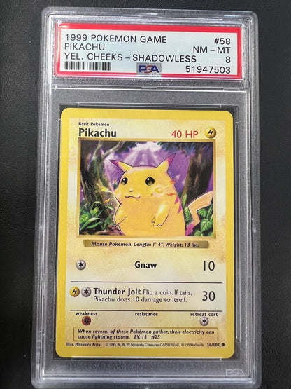 1999 Pokemon Game #58 Pikachu Yellow Cheeks Shadowless PSA 8 NM-MT J