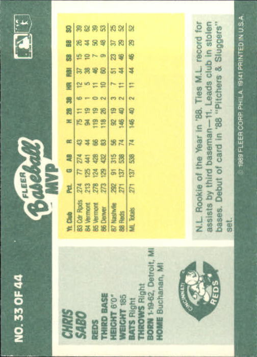 1989 Fleer Baseball MVP's #33 Chris Sabo - NrMt+