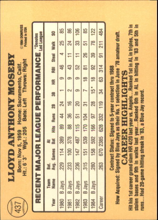 1985 Donruss #437 Lloyd Moseby - NM