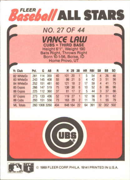 1989 Fleer Baseball All-Stars #27 Vance Law - NrMt+