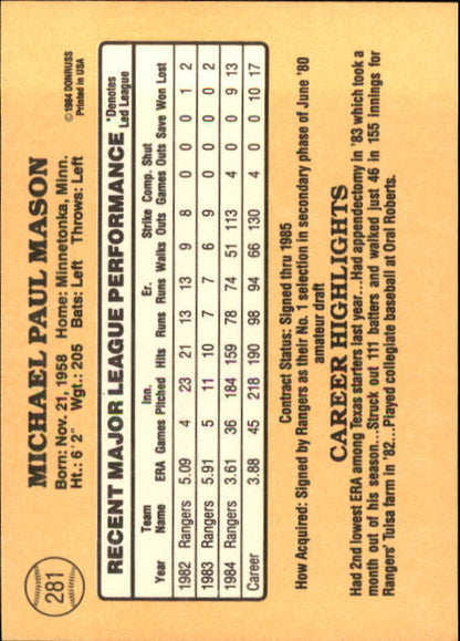 1985 Donruss #281 Mike Mason RC - NM