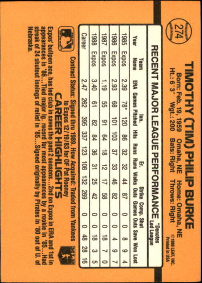 1989 Donruss #274 Tim Burke - NM