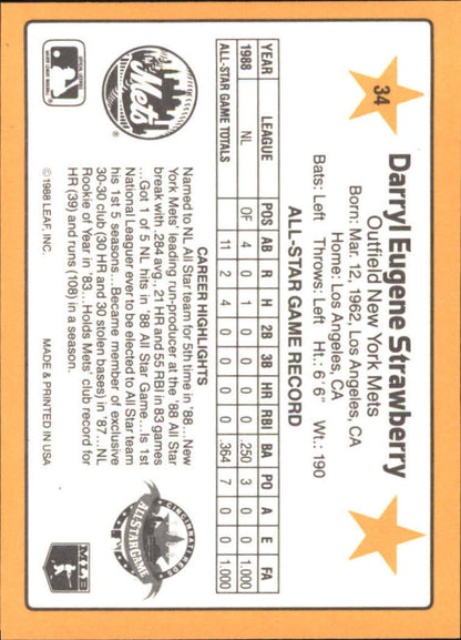 1989 Donruss All-Stars #34 Darryl Strawberry - NM