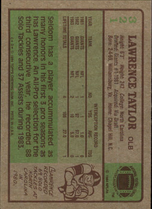 1984 Topps #321 Lawrence Taylor PB - NrMt+
