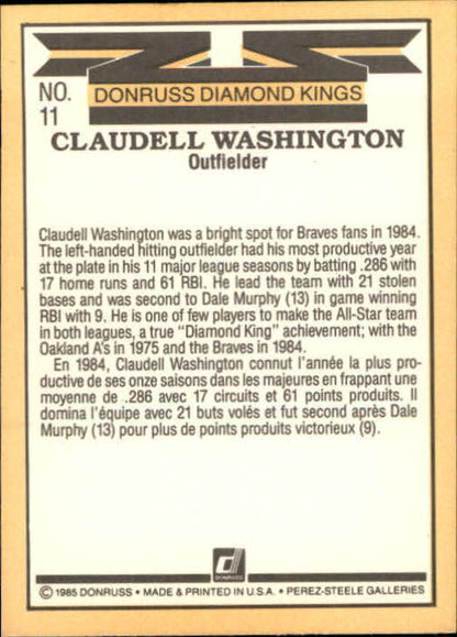 1985 Leaf/Donruss #11 Claudell Washington DK - NrMt+