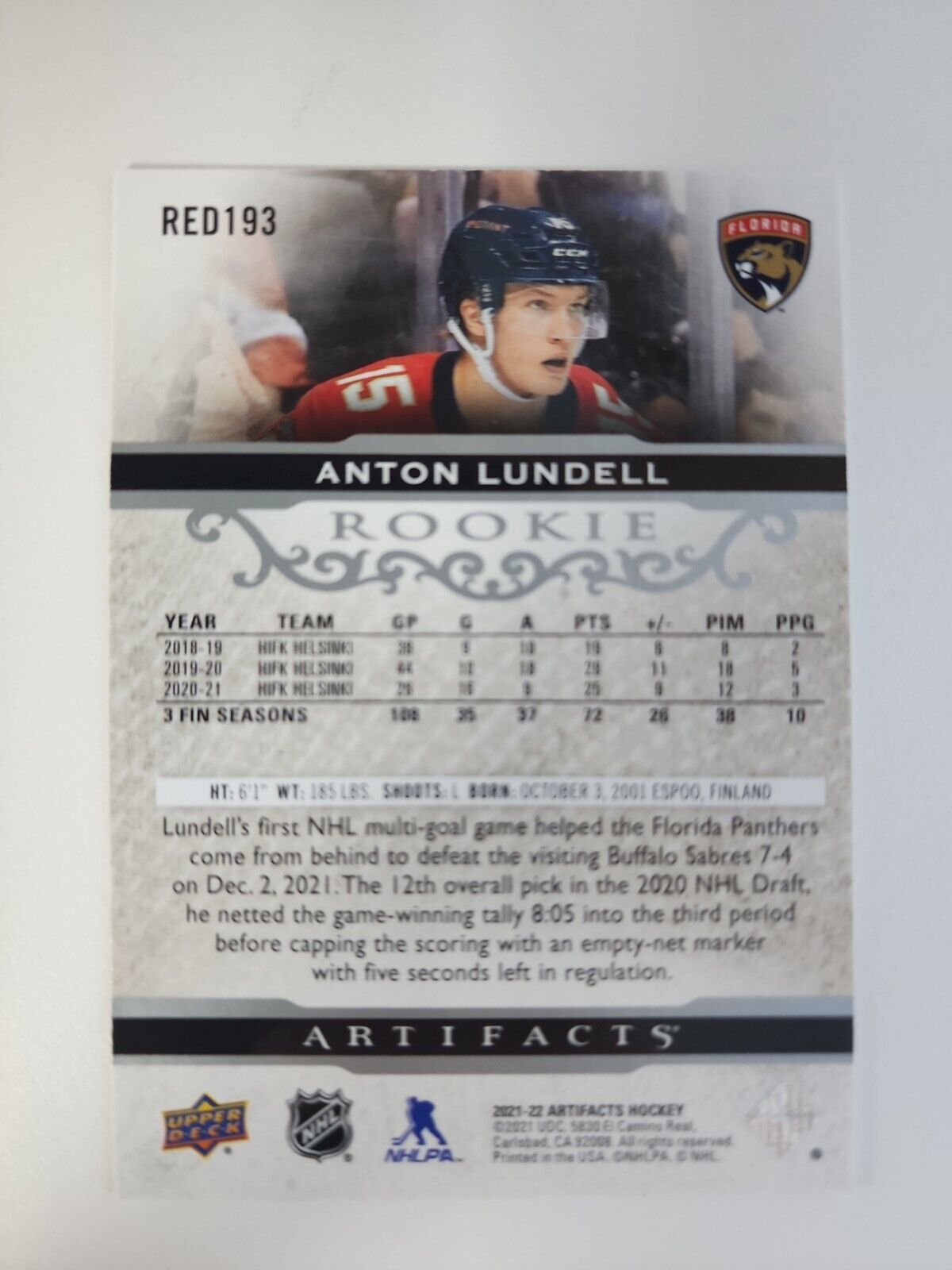 2021-22 UD Artifacts Anton Lundell #’d/999 Rookie RC Panthers!!!