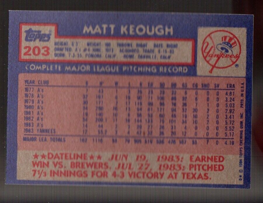 1984 Topps #203 Matt Keough - NrMt+