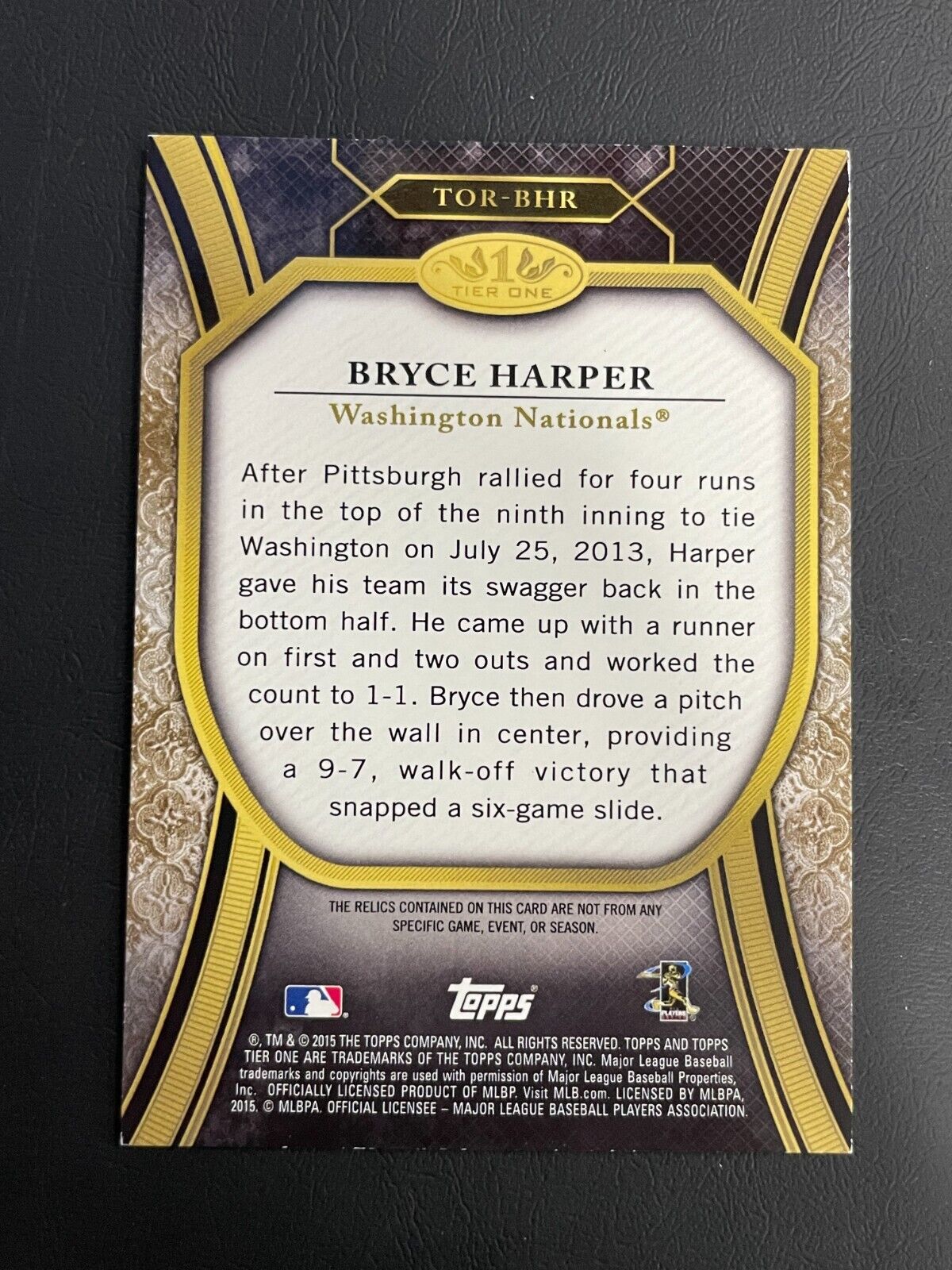 2015 Topps Tier One Bryce Harper Nationals Triple Game Worn Patches /25