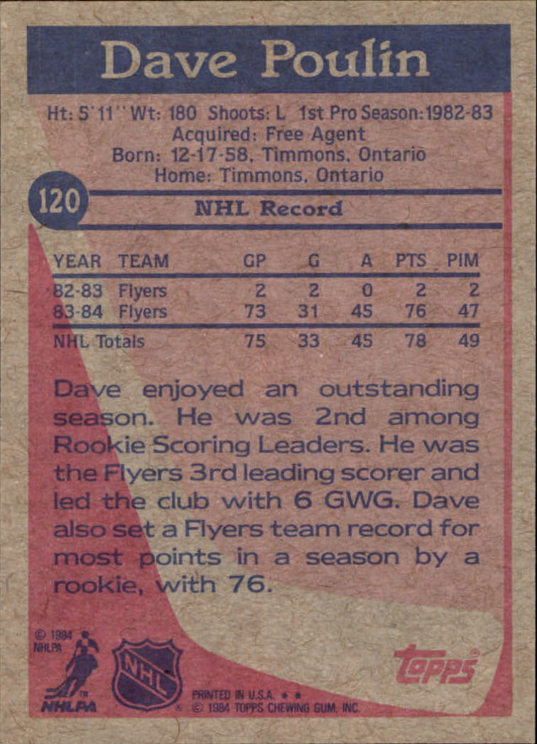1984-85 Topps #120 Dave Poulin RC - NrMt+
