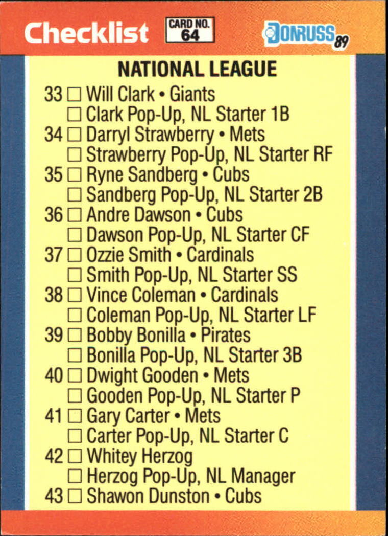 1989 Donruss All-Stars #64 NL Checklist 33-64 - NM