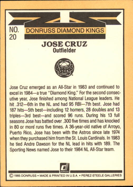 1985 Donruss #20 Jose Cruz DK - NM
