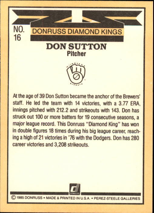 1985 Donruss #16 Don Sutton DK - NM
