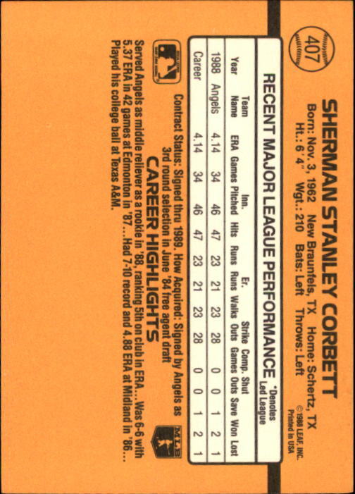 1989 Donruss #407 Sherman Corbett RC - NM