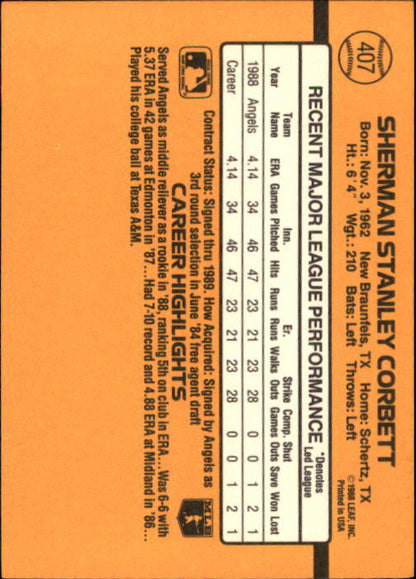 1989 Donruss #407 Sherman Corbett RC - NM