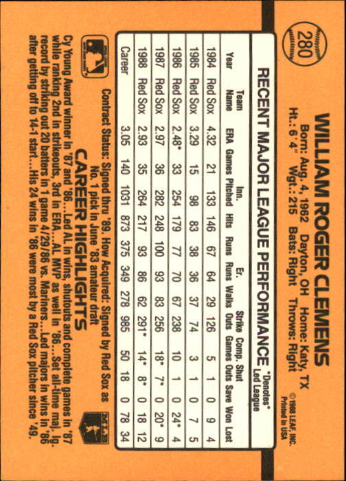 1989 Donruss #280 Roger Clemens - NM