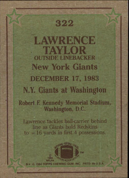 1984 Topps #322 Lawrence Taylor IR - NrMt+