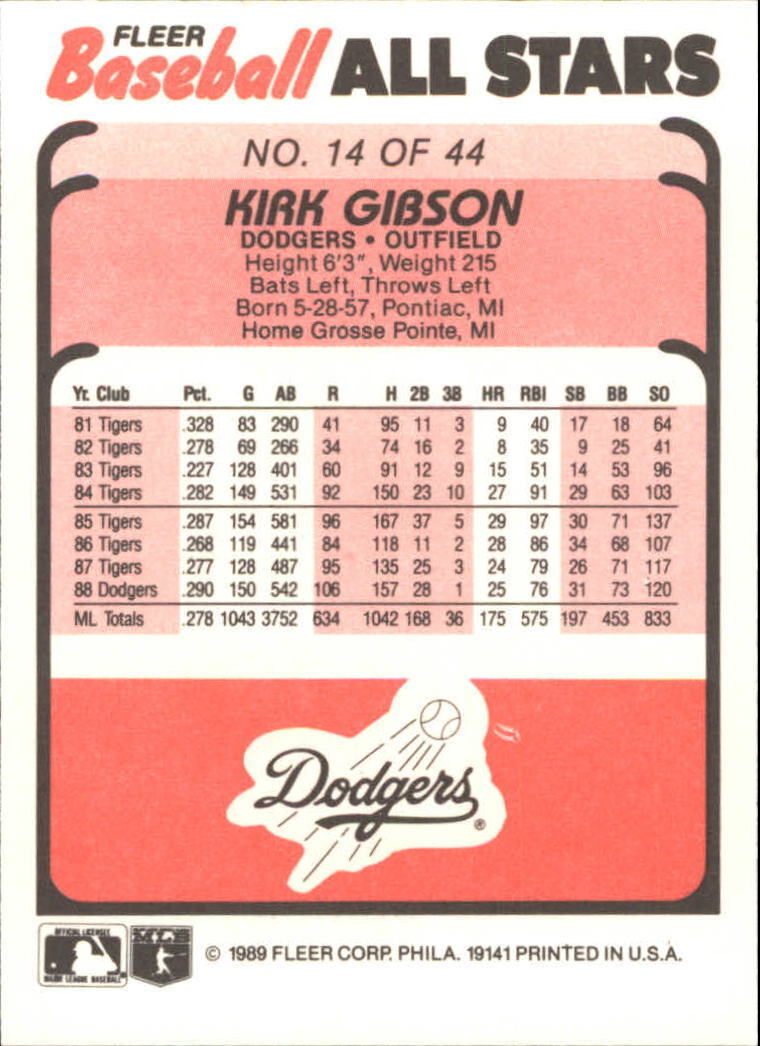 1989 Fleer Baseball All-Stars #14 Kirk Gibson - NrMt+