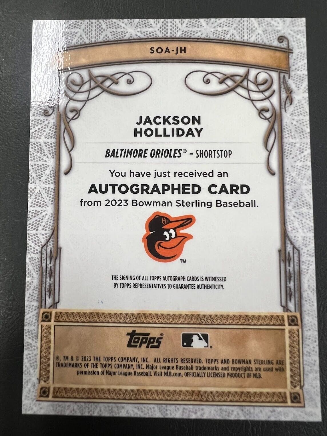 JACKSON HOLLIDAY 2023 BOWMAN STERLING Sterling Opulence Auto 58/99 Orioles J