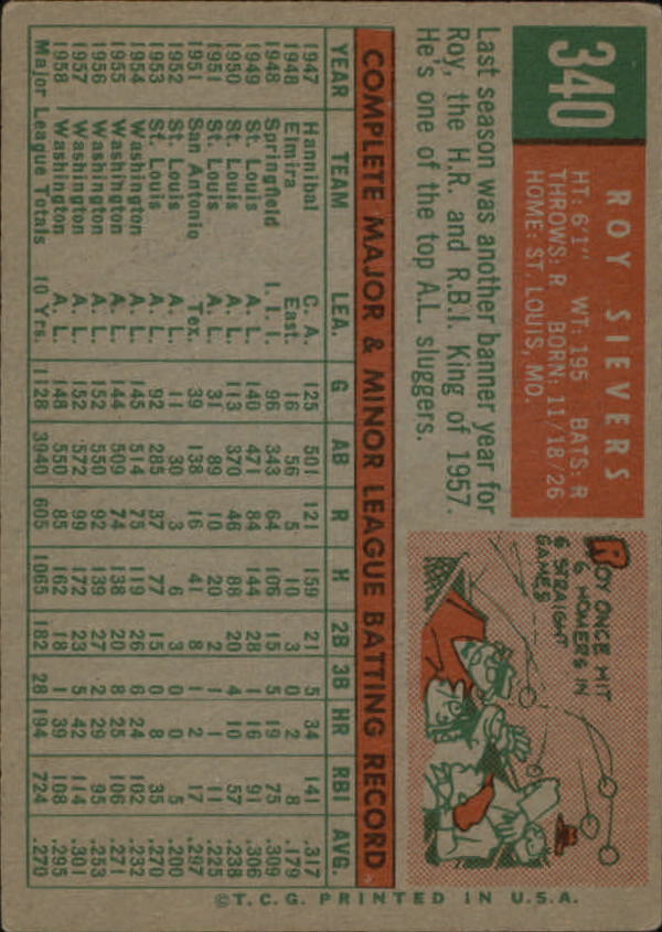 1959 Topps #340 Roy Sievers - NM