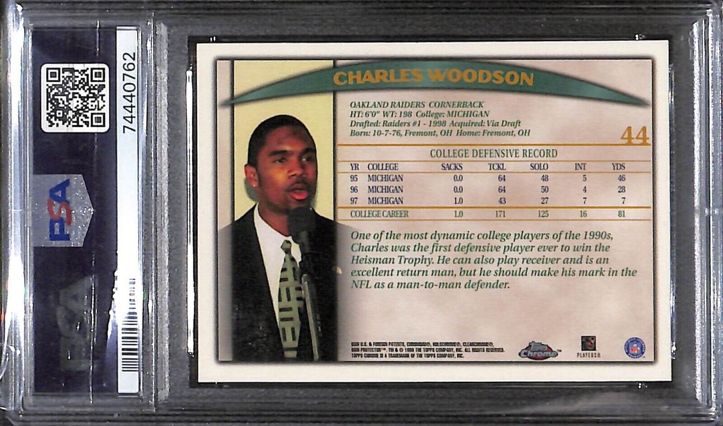 1998 TOPPS CHROME CHARLES WOODSON #44 RC ROOKIE PSA 9 MINT HALL OF FAMER