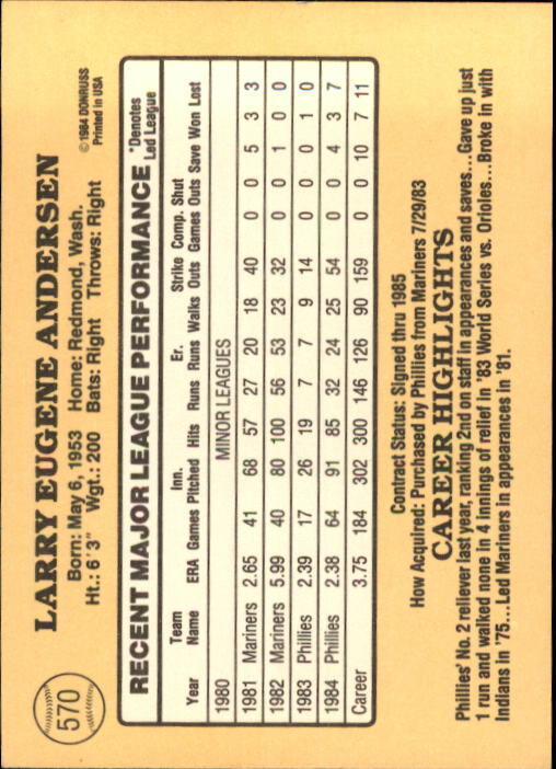 1985 Donruss #570 Larry Andersen - NM