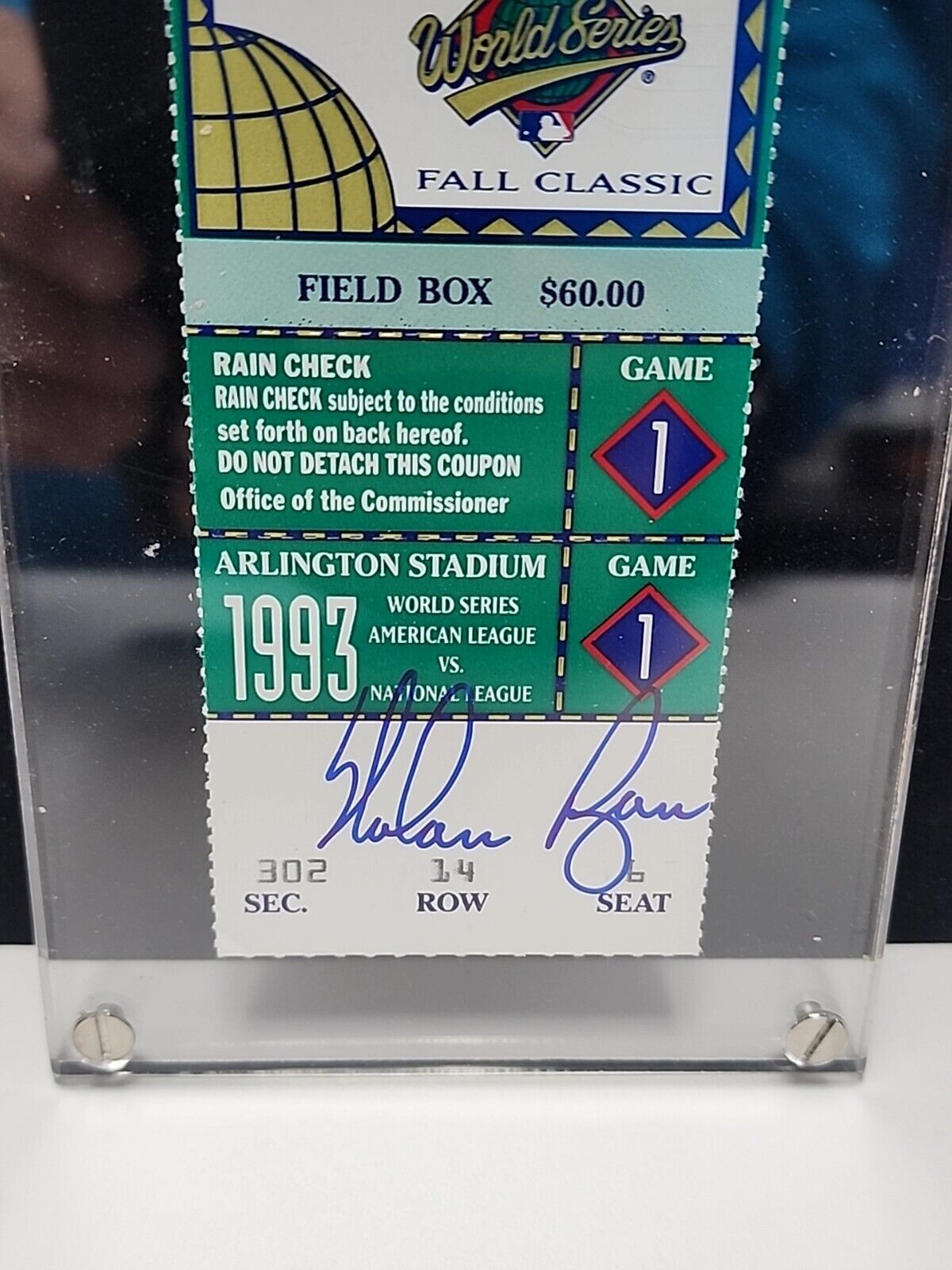 Nolan Ryan signed 1993 World Series phantom ticket /500 Retirement Year.!