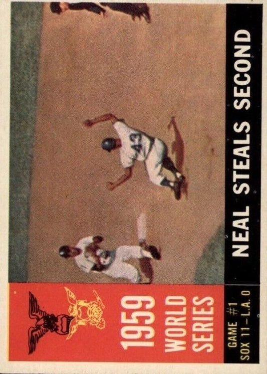 1960 Topps #385 World Series Game 1 Charlie Neal Steals Second - Ex+