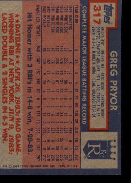 1984 Topps #317 Greg Pryor - NrMt+