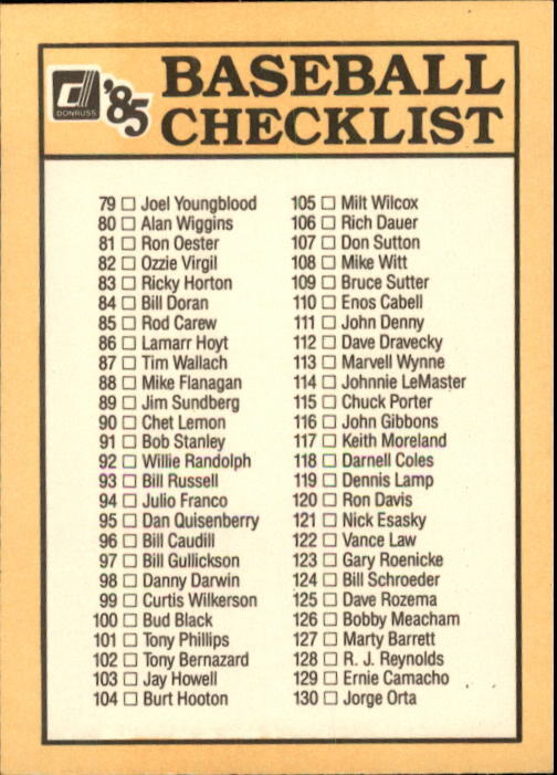 1985 Donruss #655 Checklist 27-130 Unnumbered - NM