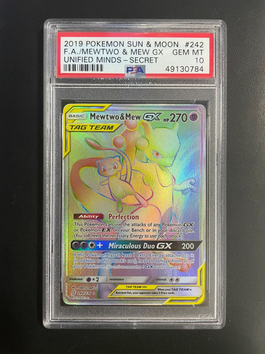 2019 Pokemon Sun & Moon F.A./Mewtwo and Mew GX Unified Minds PSA GEM MT 10
