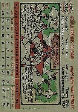 1956 Topps #316 Jerry Coleman - Vg+