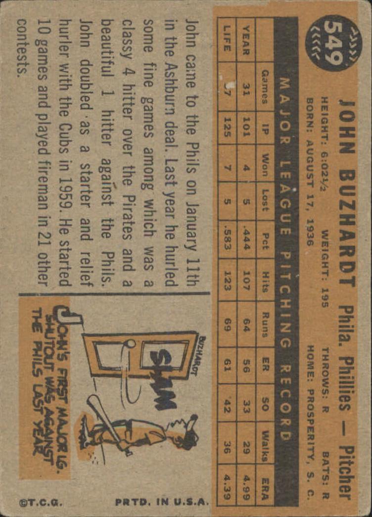 1960 Topps #549 John Buzhardt - Ex+