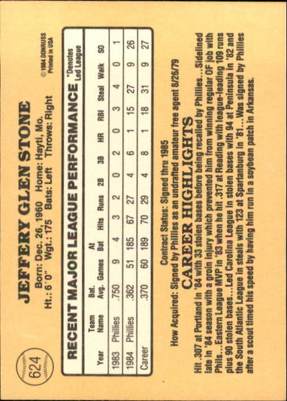 1985 Donruss #624 Jeff Stone RC - NM