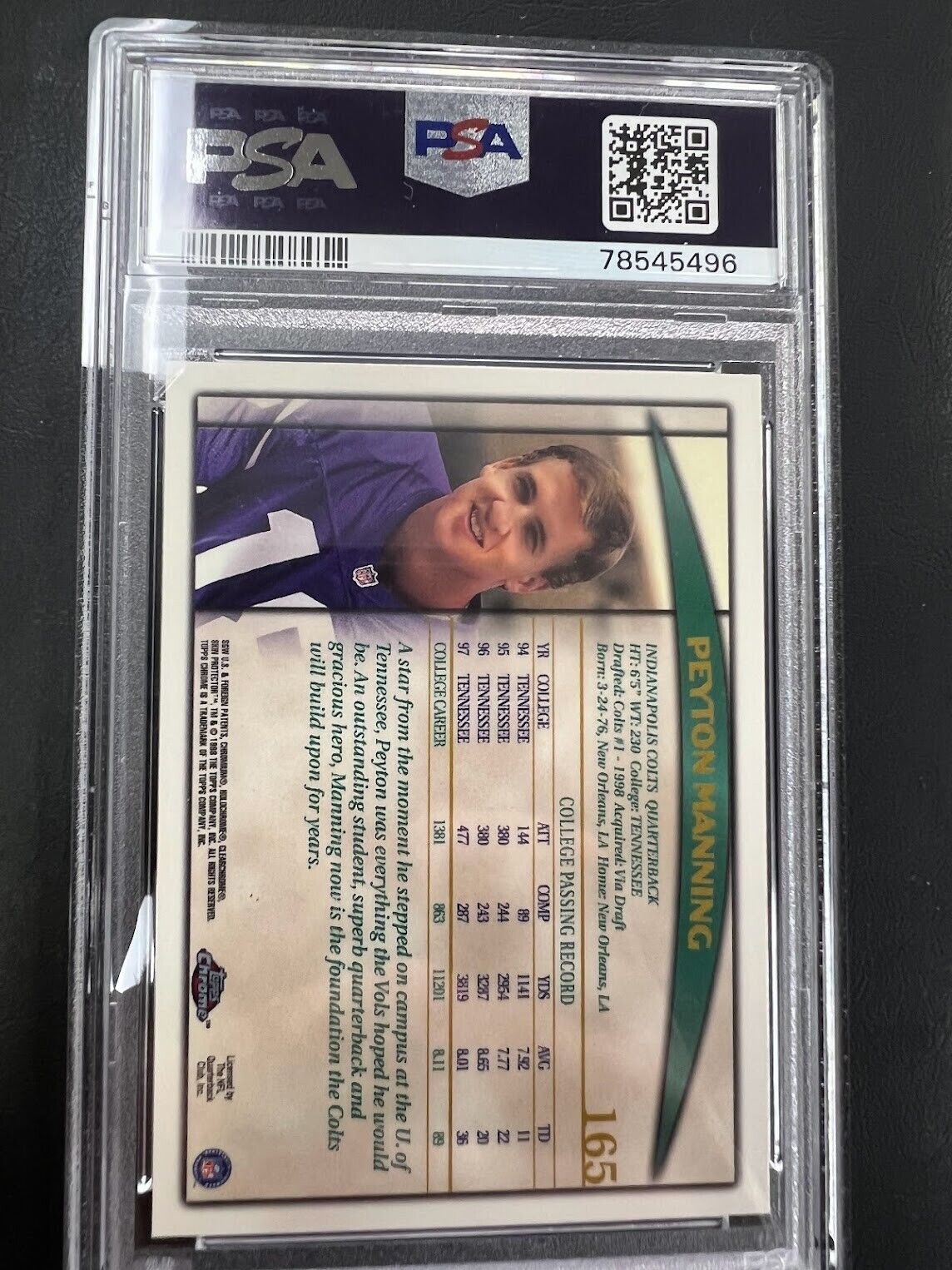 1998 Topps Chrome Peyton Manning Rookie Card RC #165 PSA 9 MINT J