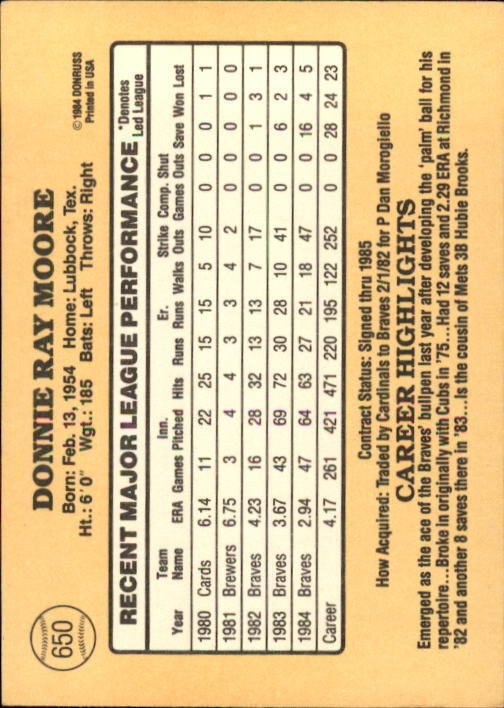 1985 Donruss #650 Donnie Moore - NM