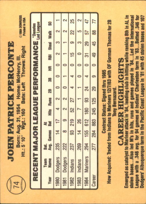1985 Donruss #74B Jack Perconte Career Highlights takes three lines - NM