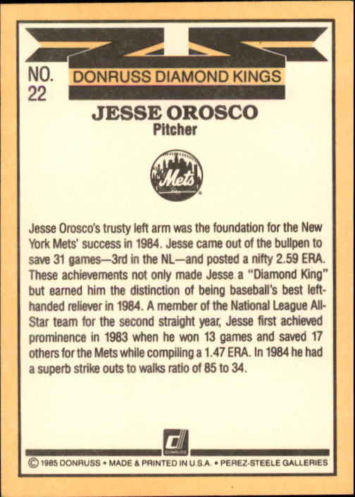 1985 Donruss #22 Jesse Orosco DK - NM