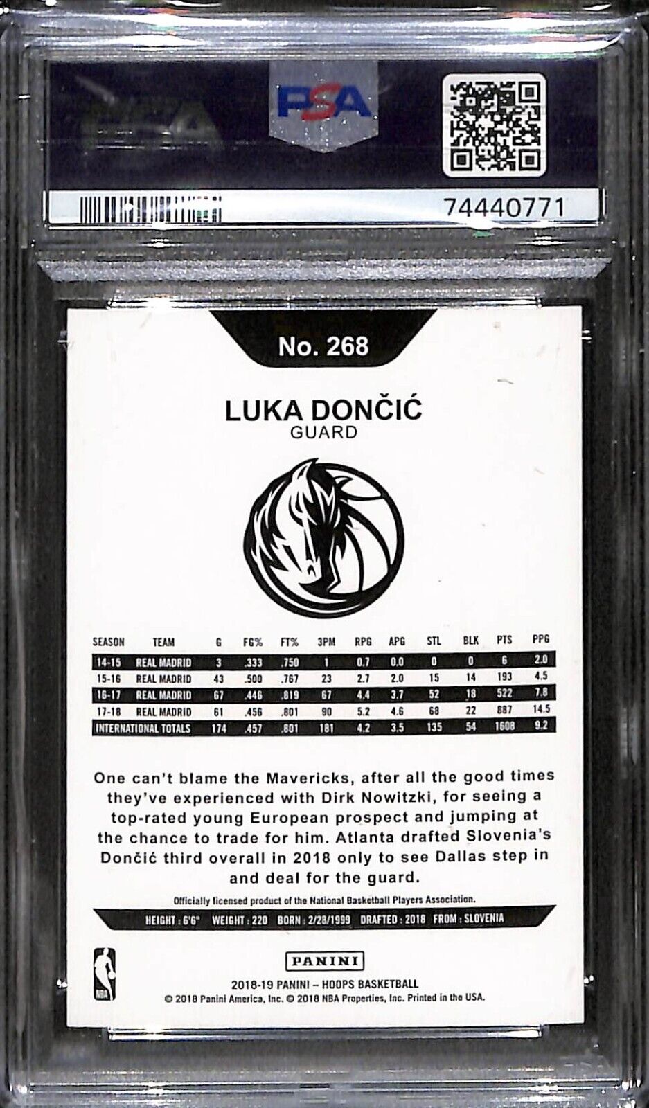 Luka Doncic 2018 Panini NBA Hoops #268 Rookie Card RC Dallas Gem Mint PSA 10