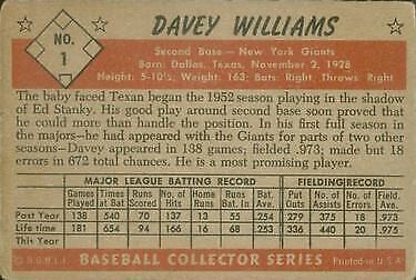 1953 Bowman Color #1 Davey Williams - VG
