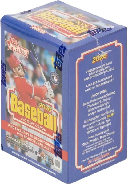 2026 Topps Heritage Baseball Series 64 Card Value Box Featuring Blaster Exclusive Dark Green and Pink Sparkle Parallel Cards Plus a Chance for Relics and Autographs