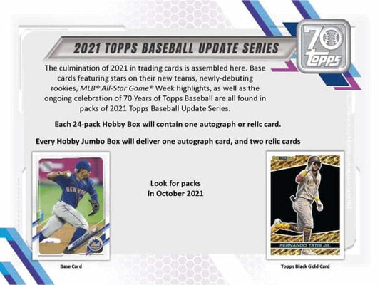 2021 Topps Update Baseball Jumbo HTA Box(10 Packs/46 Cards, 2 Silver Packs, 1 Auto, 2 Mem)