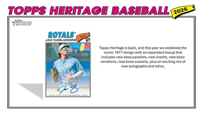 2026 Topps Heritage Baseball Series 64 Card Value Box Featuring Blaster Exclusive Dark Green and Pink Sparkle Parallel Cards Plus a Chance for Relics and Autographs