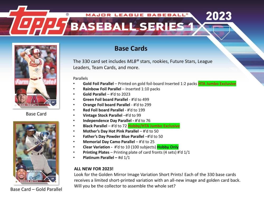 2023 Topps Series 1 Baseball Hobby Box (24 Packs/14 Cards: 1 Auto or Mem, 1 Silver Pack)