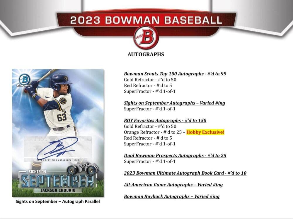 2023 Bowman Baseball Hobby Box (24 Packs/10 Cards: 1 Auto)