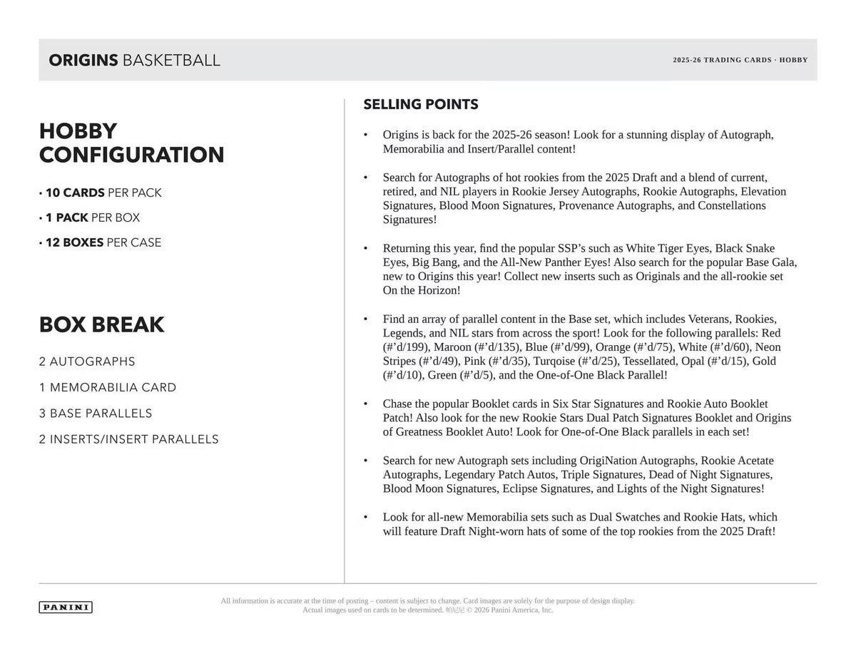 2025-26 Panini Origins Basketball HOBBY BOX