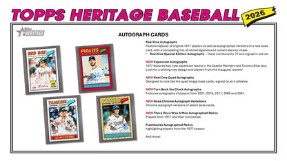 2026 Topps Heritage Baseball Series 64 Card Value Box Featuring Blaster Exclusive Dark Green and Pink Sparkle Parallel Cards Plus a Chance for Relics and Autographs