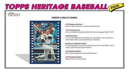 2026 Topps Heritage Baseball Series 64 Card Value Box Featuring Blaster Exclusive Dark Green and Pink Sparkle Parallel Cards Plus a Chance for Relics and Autographs