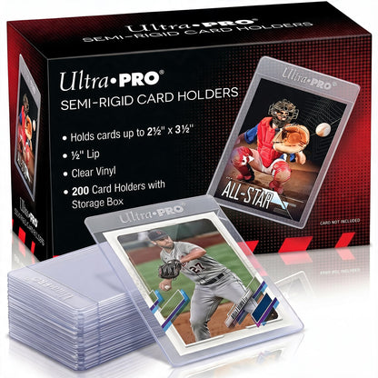 Ultra Pro Semi Rigid Card Holder 1/2" Lip – Clear PVC Sleeves for Trading Cards – Fits 2.5" x 3.5" up to 35pt – Card Grading Sleeves for Storage, Shipping, TCG & Collector Protection – 200 Pack