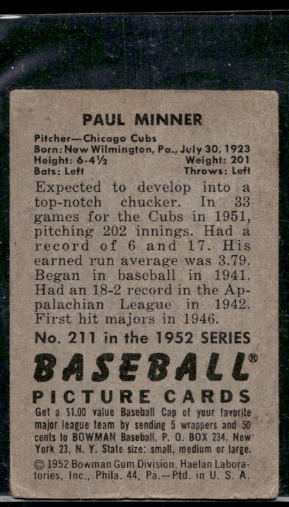 1952 Bowman #211 Paul Minner RC - VG