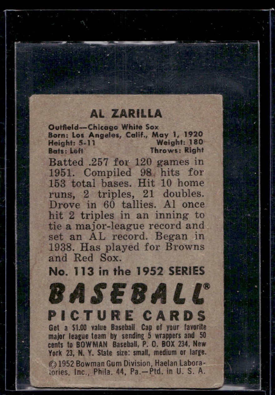 1952 Bowman #113 Al Zarilla - VG